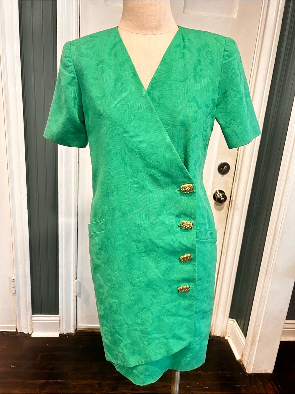 Vintage TERI JON Green Short-Sleeve Wrap Dress with Gold Buttons
